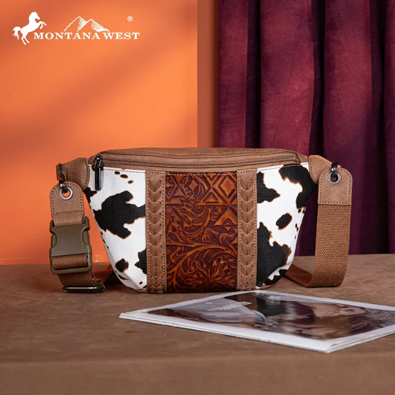 Ladies Crossbody Bag Office Leather -MW1318-194 Montana West Tooled Collection Fanny Pack - Brown