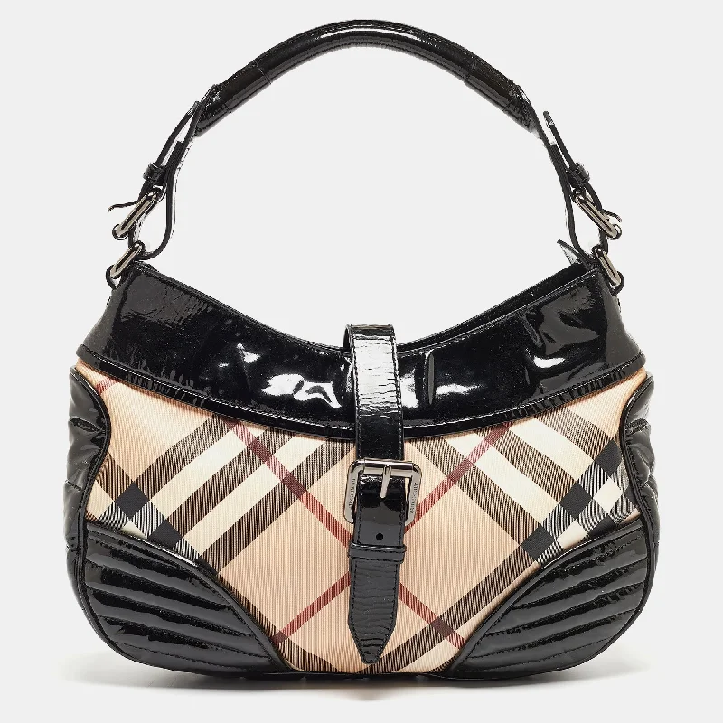 women's dumpling bag for special occasions -BURBERRY Black/Beige Nova Check PVC and Patent Leather Hobo