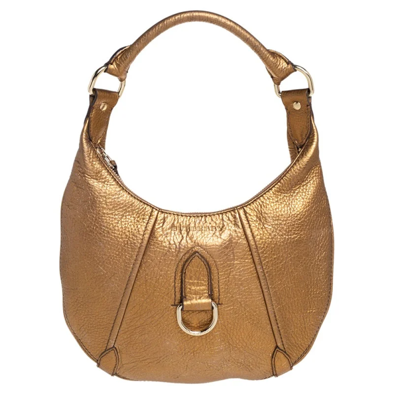 women's dumpling bag with practical use -Burberry Metallic Gold Grained Leather Hobo