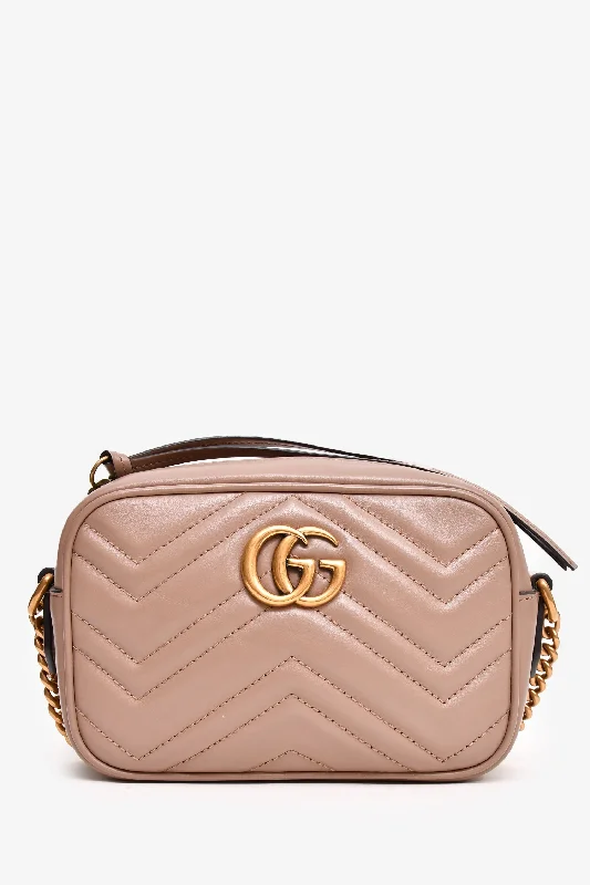 women's handbag with glossy finish -Gucci Taupe Leather Chevron Quilted Mini Camera Bag