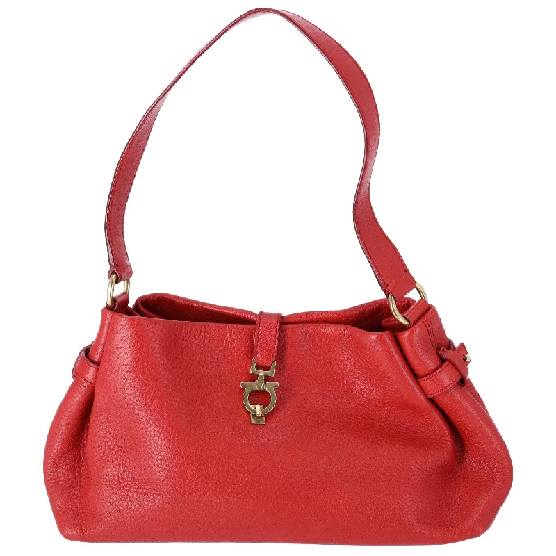 women's dumpling bag with soft exterior -Salvatore Ferragamo Gancini One Shoulder Strap Hobo Pebbled Leather Red