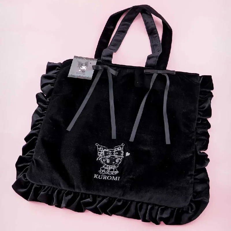 women's tote bag with metal rings -Kuromi  Frilly Velvet Tote Bag