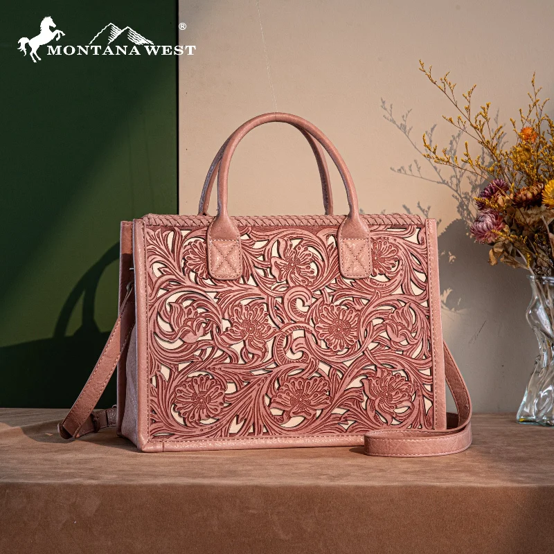 women's handbag with bold strap details -TR186-8122   Trinity Ranch Floral Tooled Concealed Carry Tote/Crossbody