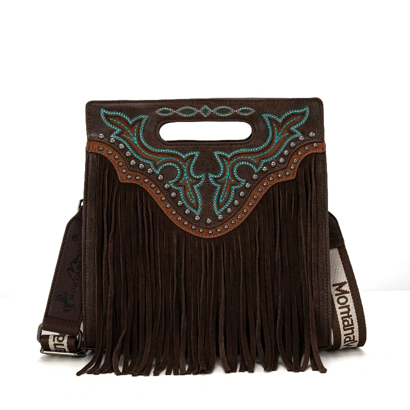 women's tote bag with shiny leather finish -MW1281G-9360  Montana West Fringe Embroidered Concealed Carry Tote/Crossbody - Coffee