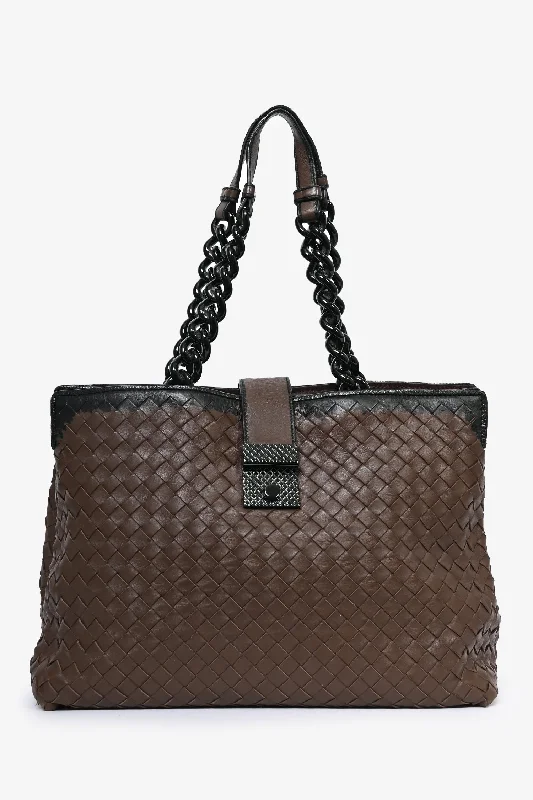 women's handbag with genuine leather -Bottega Veneta Brown/Black Intrecciato Leather Chain Tote