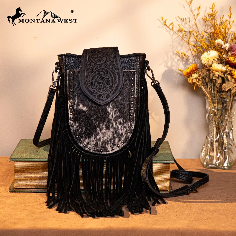 women's handbag with contemporary style -TR180-8360  Trinity Ranch Genuine Hair-On Cowhide Tooled Fringe  Crossbody Bag- Black