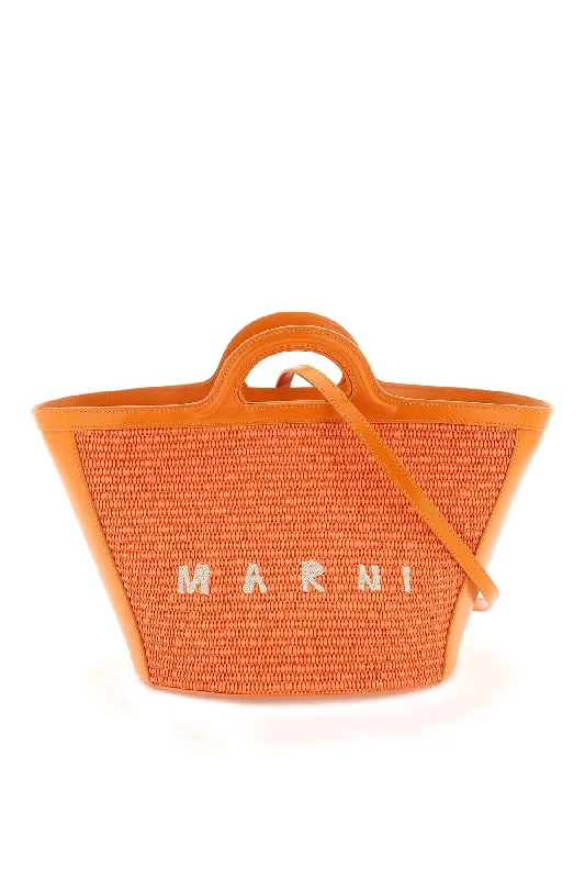 women's bucket bag with waterproof material -Marni raffia and leather small tropicalia bucket bag