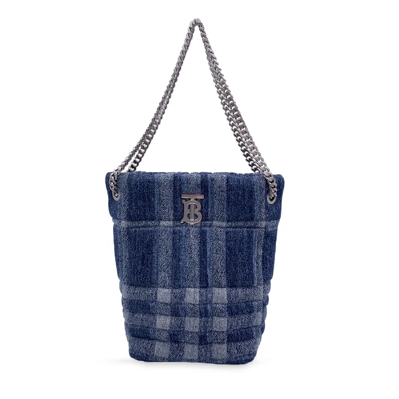 women's bucket bag with modern hardware -BURBERRY Blue Denim Quilted Small Lola Bucket Shoulder Bag Tote