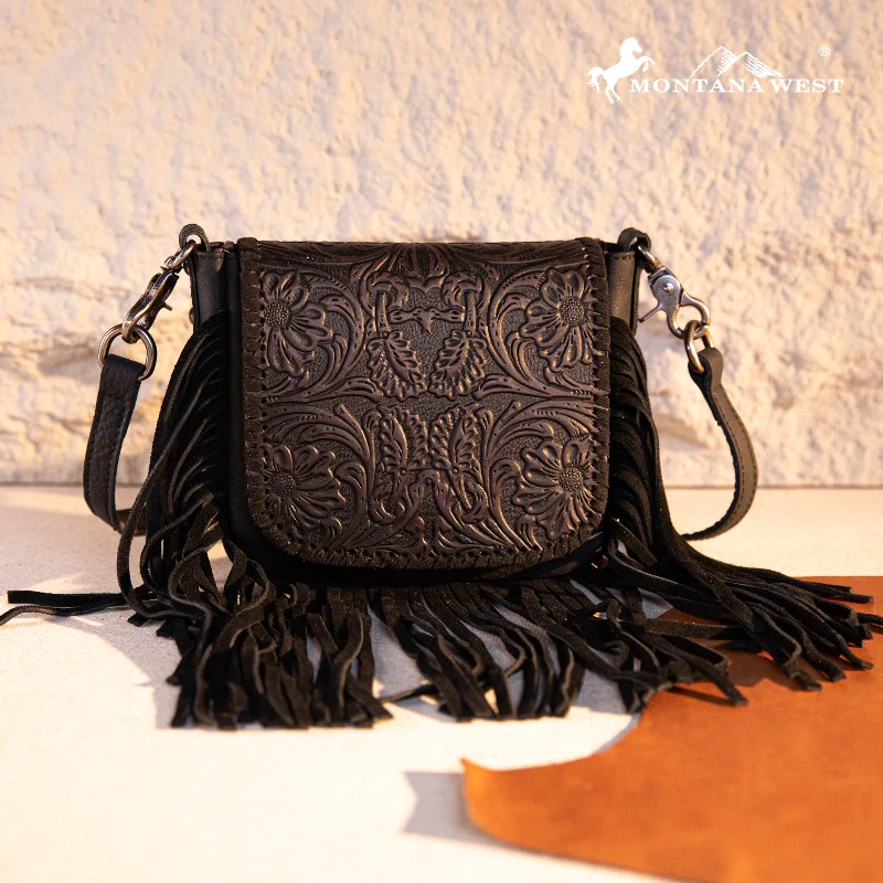 Ladies Crossbody Bag Work Companion -RLC-L187 Montana West Genuine Leather Tooled Fringe Crossbody - Black