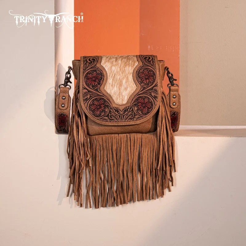 women's handbag with sleek, fashionable look -TR187-8360  Trinity Ranch Genuine Hair-On Cowhide Tooled Fringe  Crossbody Bag- Tan