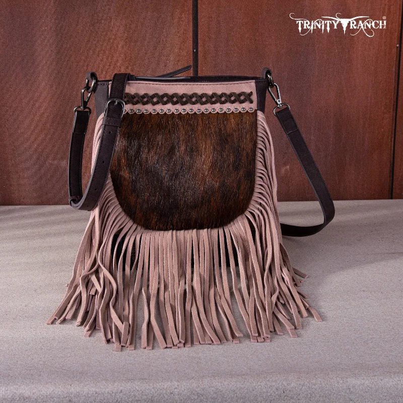 women's handbag with top fold closure -TR171-8360  Trinity Ranch Hair-On Cowhide Fringe Crossbody Bag -Coffee