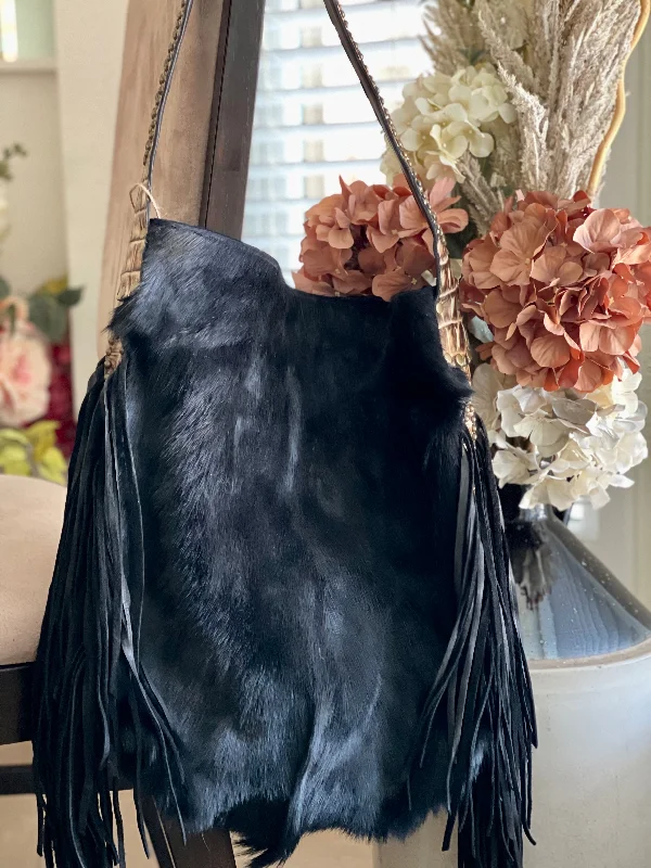 women's bucket bag with timeless appeal -Genuine Antelope - Black Leather Bucket Shoulder Bag w/Fringe