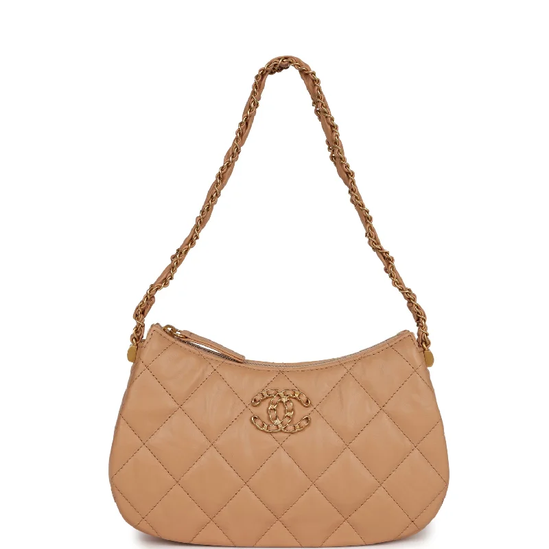 women's dumpling bag for summer outfits -Chanel 19 Hobo Bag Beige Aged Calfskin Brushed Gold Hardware