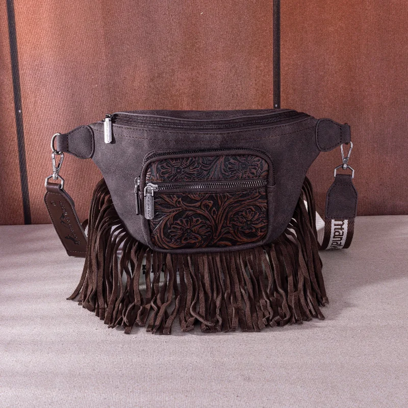 Ladies Crossbody Bag Office Chic -MW1276-194 Montana West Floral Tooled Fringe  Fanny Pack - Coffee