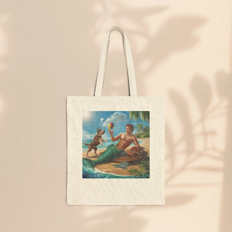 women's tote bag for work -Cotton Canvas Tote Bag - Merman Tossing A Ball