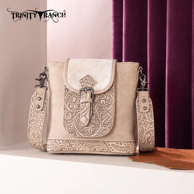 women's handbag with stylish chain detailing -TR185G-9360  Trinity Ranch Genuine Hair-On Cowhide Tooled Concealed Carry Crossbody Bag- Tan