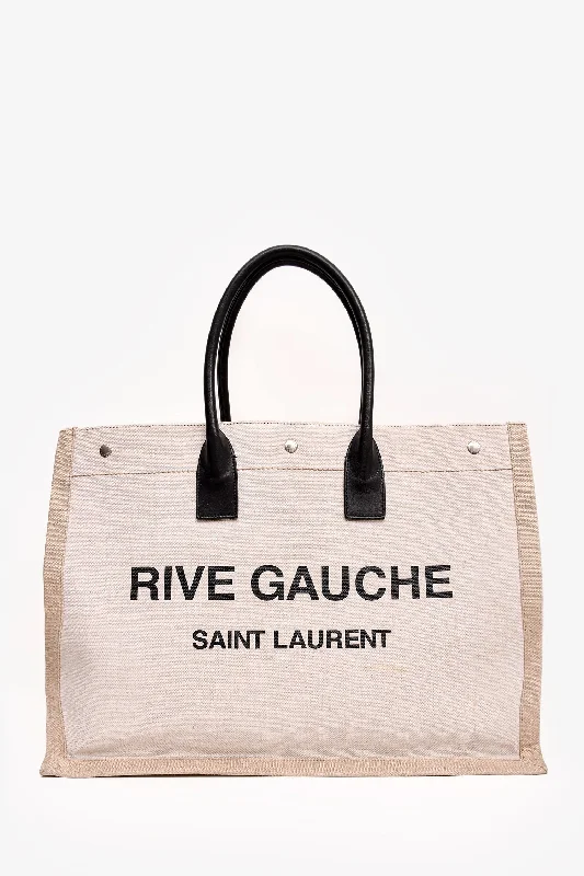 women's handbag with fold-over front flap -Saint Laurent Beige Linen/Leather 'Rive Gauche' Tote (As Is)