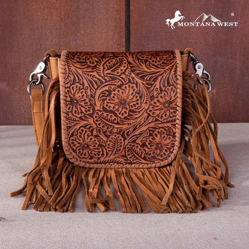 Ladies Crossbody Bag College Essential -RLC-L159 Montana West Genuine Leather Tooled Collection Fringe Crossbody