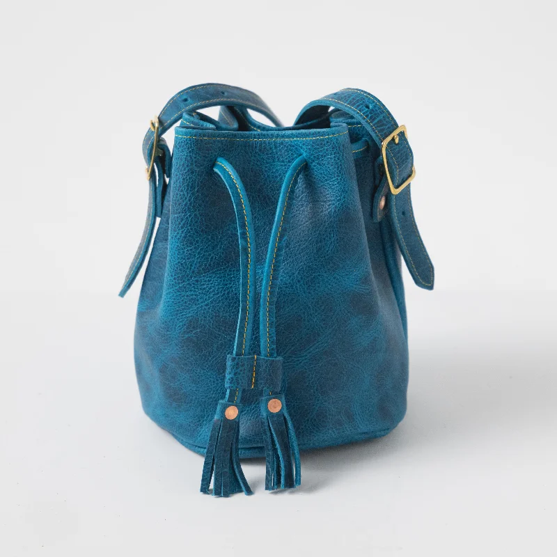 women's bucket bag with top handle -Petrol Blue Bison Bucket Bag