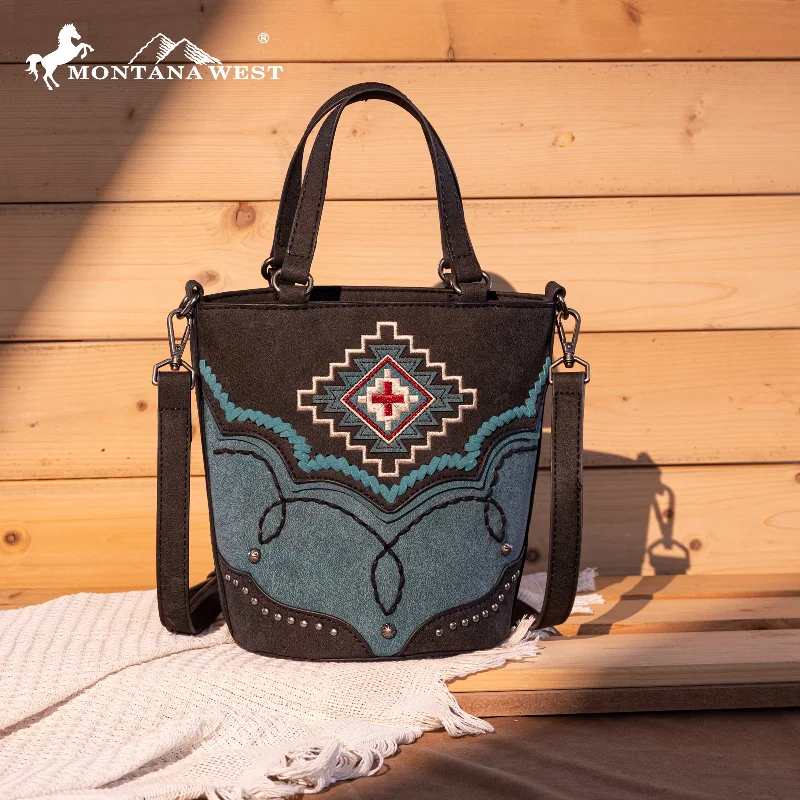 Ladies Crossbody Bag Compact Leather -MW1310-8369  Montana West Embroidered Azte Collection Bucket Tote/Crossbody