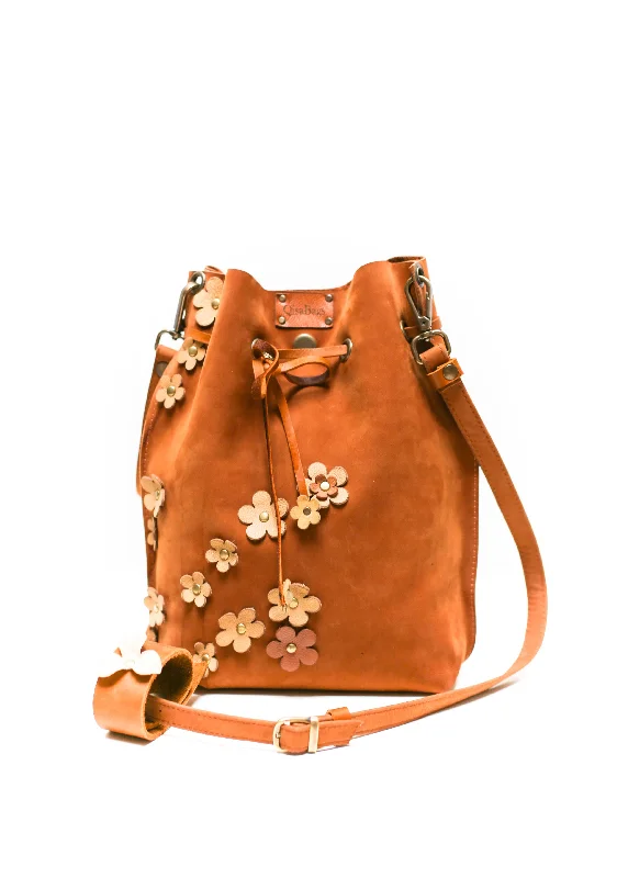 women's bucket bag with detailed metal accents -Floral Leather Bucket Bag