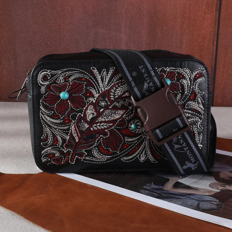 Ladies Crossbody Bag Side Pockets -MW1244-156 Montana West Embroidered Floral Cut-out Collection Belt Bag