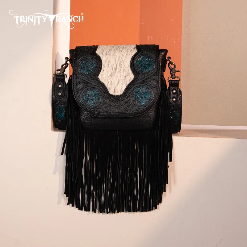 women's handbag with timeless leather finish -TR187-8360  Trinity Ranch Genuine Hair-On Cowhide Tooled Fringe  Crossbody Bag- Black