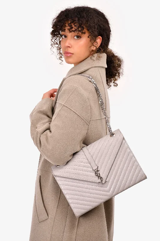 women's handbag with matching wallet -Saint Laurent Grey Chevron Leather Large Envelop Shoulder Bag