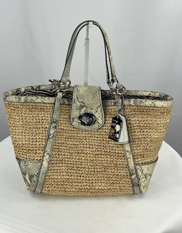 women's tote bag with metallic leather -Coach Women's Hampton Straw & Python Snakeskin Leather Trim Tote W/Zebra Lining