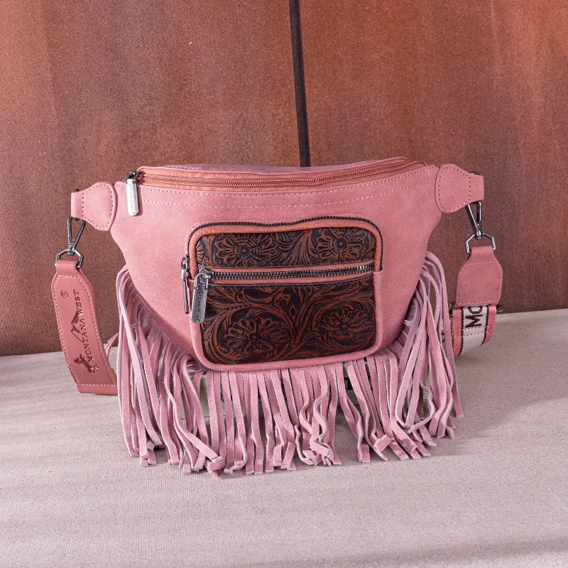 Ladies Crossbody Bag Retro Canvas -MW1276-194 Montana West Floral Tooled Fringe  Fanny Pack - Pink