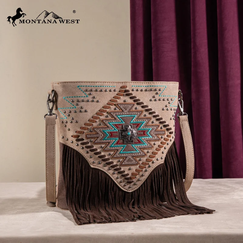 Ladies Crossbody Bag Eco Canvas -MW1315G-9360  Montana West Embroidered Aztec Collection Concealed Carry Crossbody - Tan