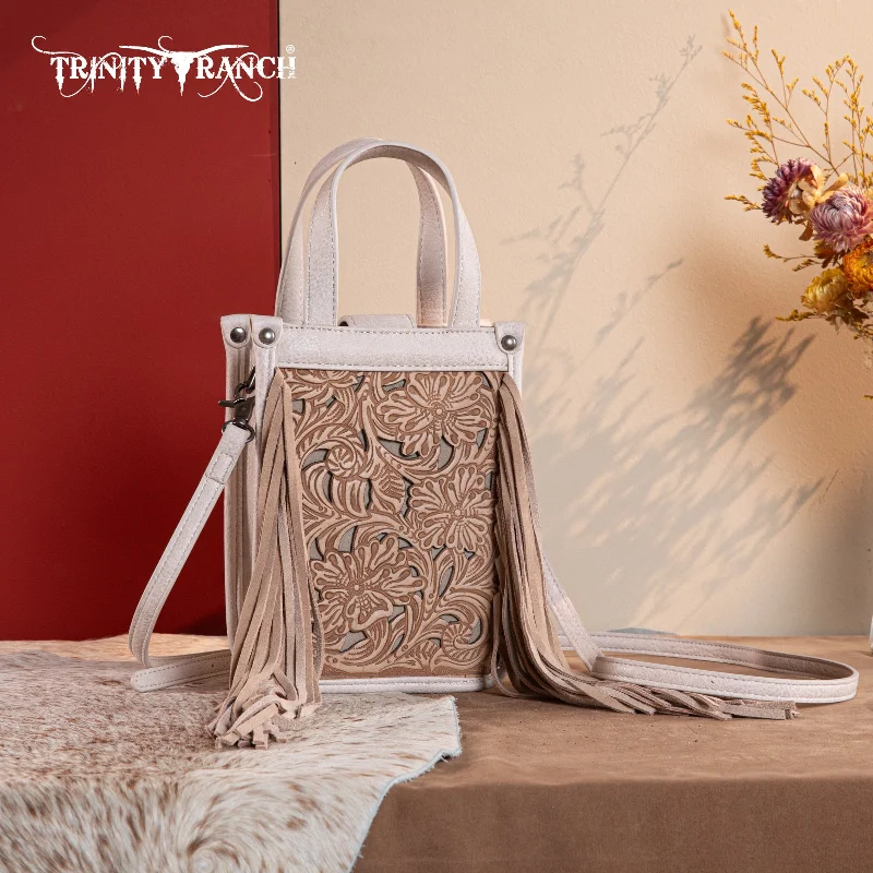 women's tote bag with customizable options -TR188-160   Trinity Ranch Floral Tooled Fringe Mini Tote/Crossbody