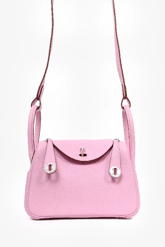 women's handbag with metallic hardware details -Hermès 2022 Mauve Sylvestre Clemence Leather Mini Lindy