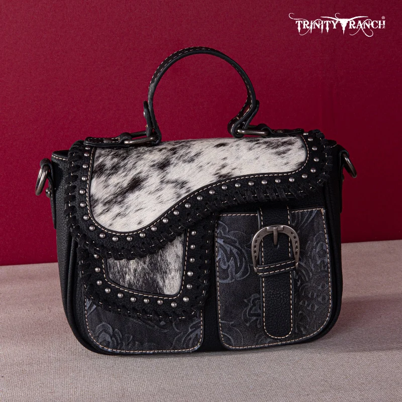 women's handbag with glossy leather finish -TR149-8360 Trinity Ranch Hair-On Cowhide Saddle Shape Collection Crossbody/Satchel - Black