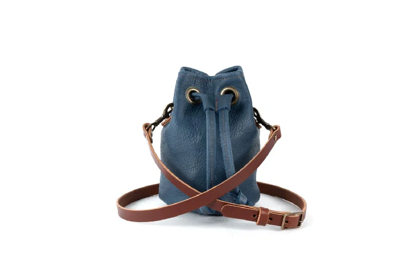 women's bucket bag with chic chain strap -LEATHER BUCKET BAG - SMALL - SMOKEY BLUE