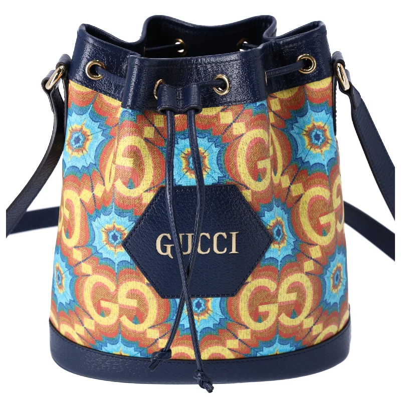 women's bucket bag with contemporary color blocking -GUCCI GG Supreme Kaleidoscope Bucket Drawstring Bag Blue Orange Multicolor