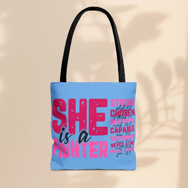 women's tote bag with artistic patterns -Tote Bag - She Is A Fighter Strong Affirmation Scripture Reference