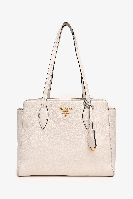 women's handbag with comfortable handle -Prada White Pebbled Leather Logo Tote