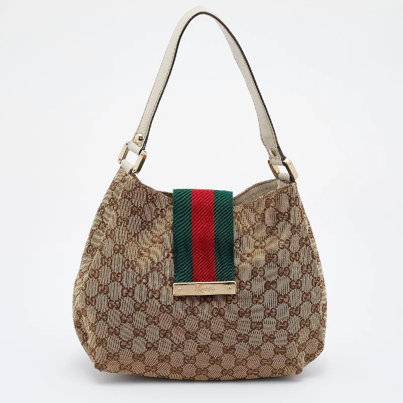 women's dumpling bag with fold-over closure -Gucci Beige/Brown GG Canvas And Leather Medium New Ladies Web Hobo