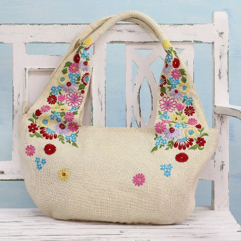 women's dumpling bag with clean design -Field of Flowers in Wheat Wheat Colored Floral Jute Blend Hobo Bag from India