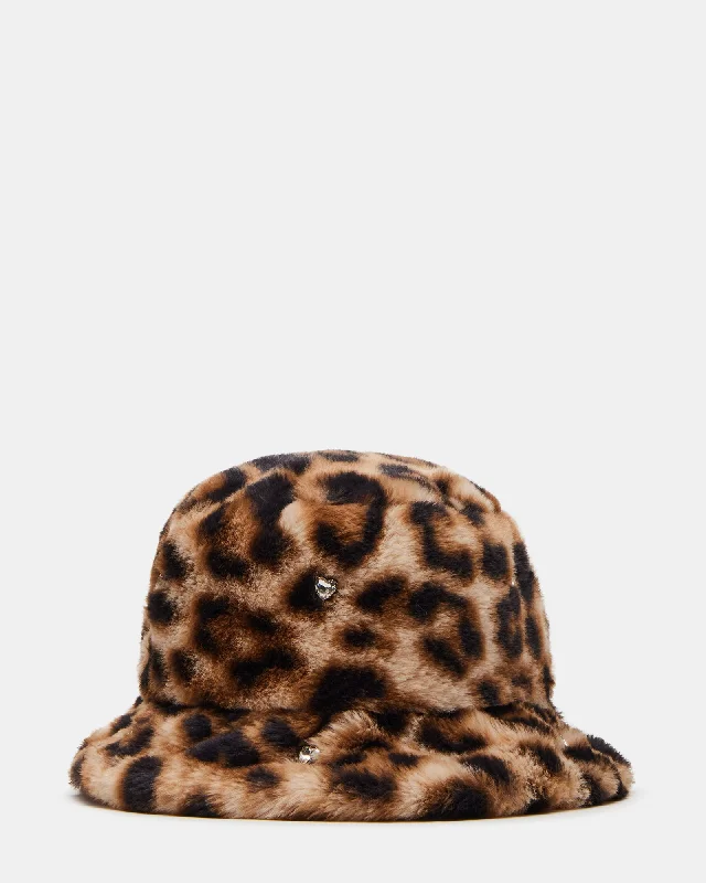 women's bucket bag with exotic material -FAUX FUR BUCKET HAT LEOPARD RHINESTONES