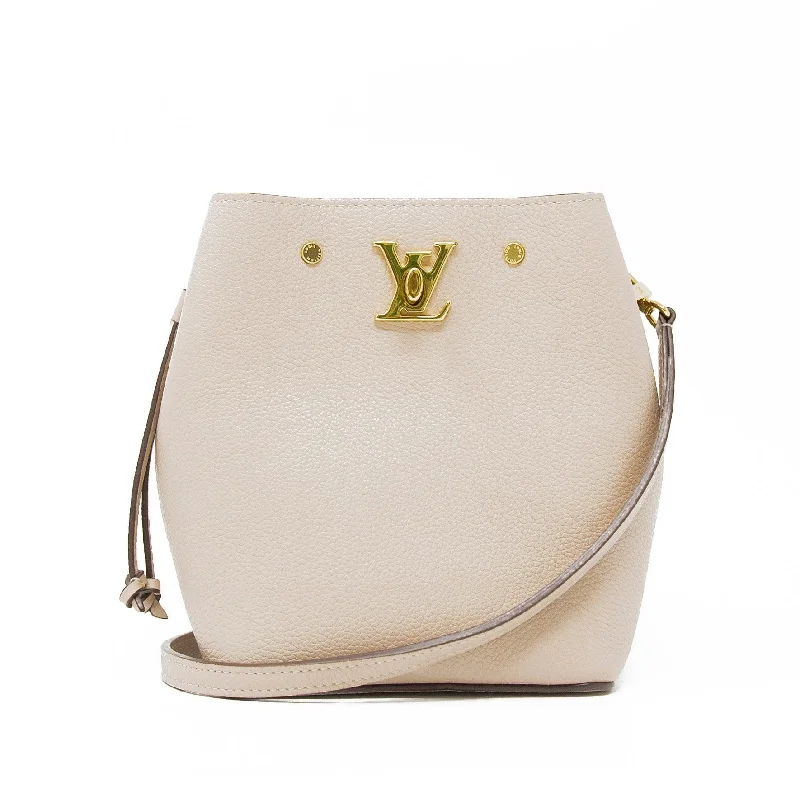 women's bucket bag with bold color accents -Louis Vuitton Greige Nano Lockme Bucket Bag