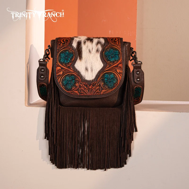 women's handbag with casual everyday design -TR187-8360  Trinity Ranch Genuine Hair-On Cowhide Tooled Fringe  Crossbody Bag- Coffee