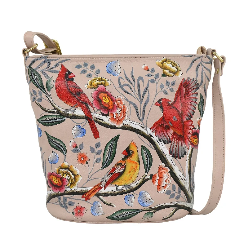 women's bucket bag with adjustable strap length -Hand-Painted Cardinals Leather Bucket Bag