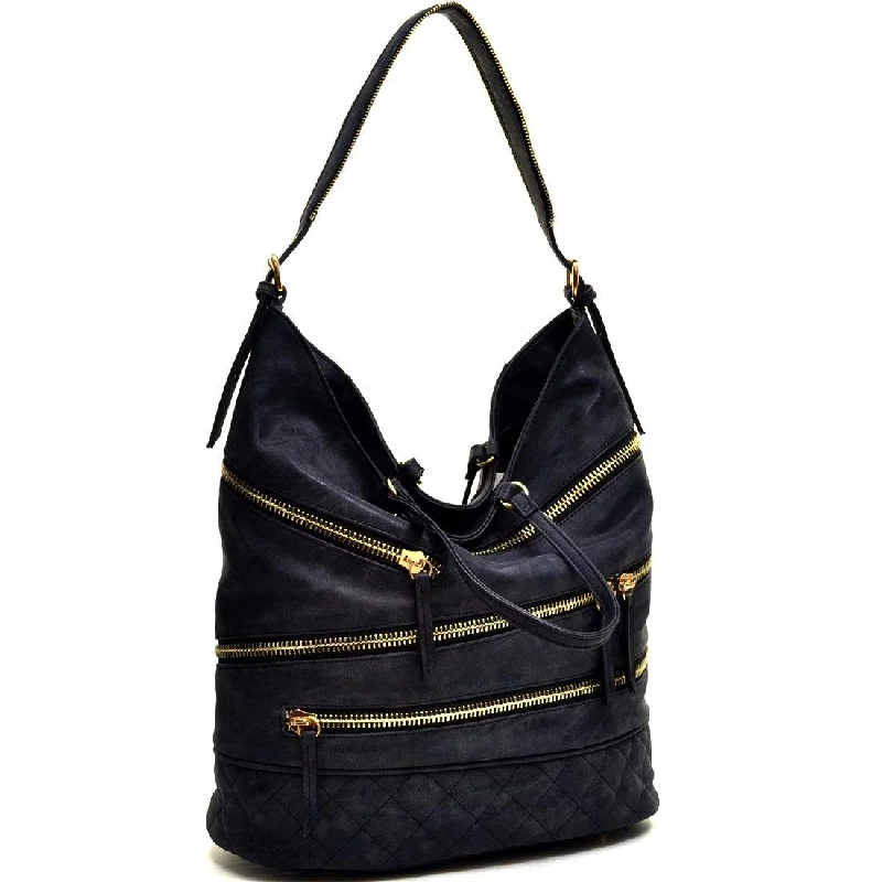 women's dumpling bag with eye-catching charm -Gold-Tone Quilted Hobo Bag with Front Zipper Deco