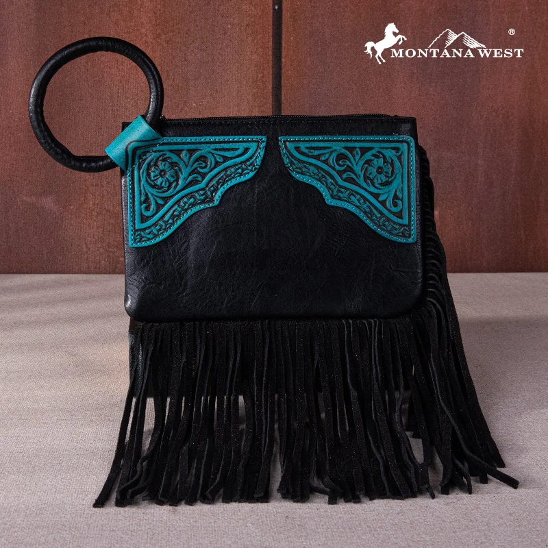 Ladies Crossbody Bag Floral Pattern -MW1262-A181 Montana West Floral Tooled Fringe Ring Handle Wristlet Clutch Bag