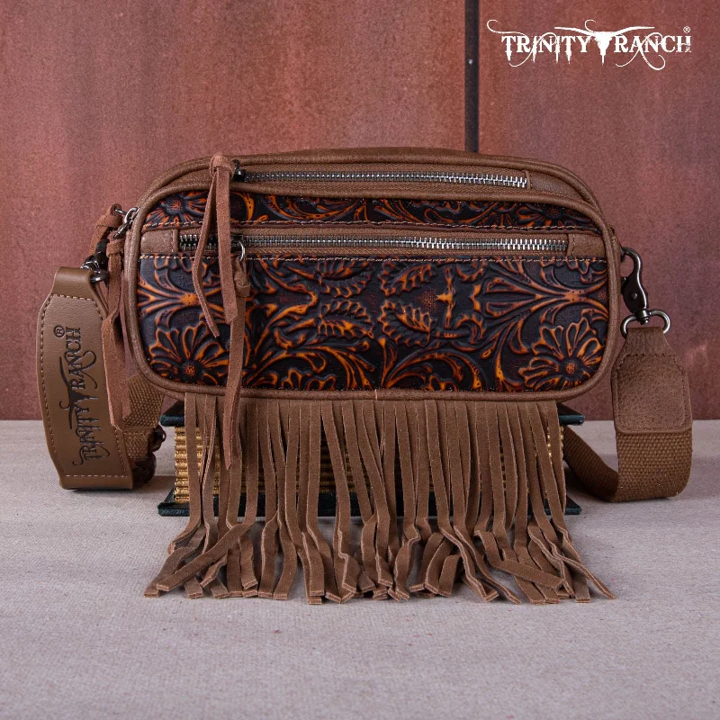 Ladies Crossbody Bag Neutral Tones -TR165-198  Trinity Ranch Floral Tooled Triple Zippered Pocket Fringe Belt Bag