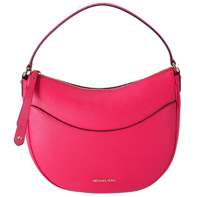 women's dumpling bag with smart closure -MIchael Kors Dover Large Half Moon Shoulder Bag Hobo Electric Pink Leather