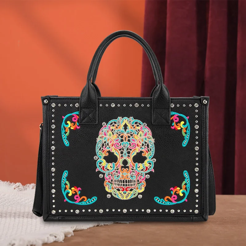 women's handbag with chic clasp closure -MW494G-H8120S  Montana West Embroidered Sugar Skull Tote/Crossbody - Black