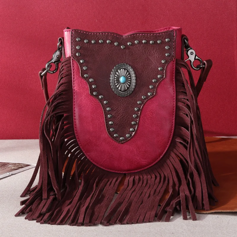 Ladies Crossbody Bag Sleek Leather -MW1243-8366 Montana West  Fringe Concho Crossbody